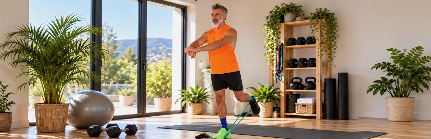 Eloy realiza un ejercicio de equilibrio con una goma elástica