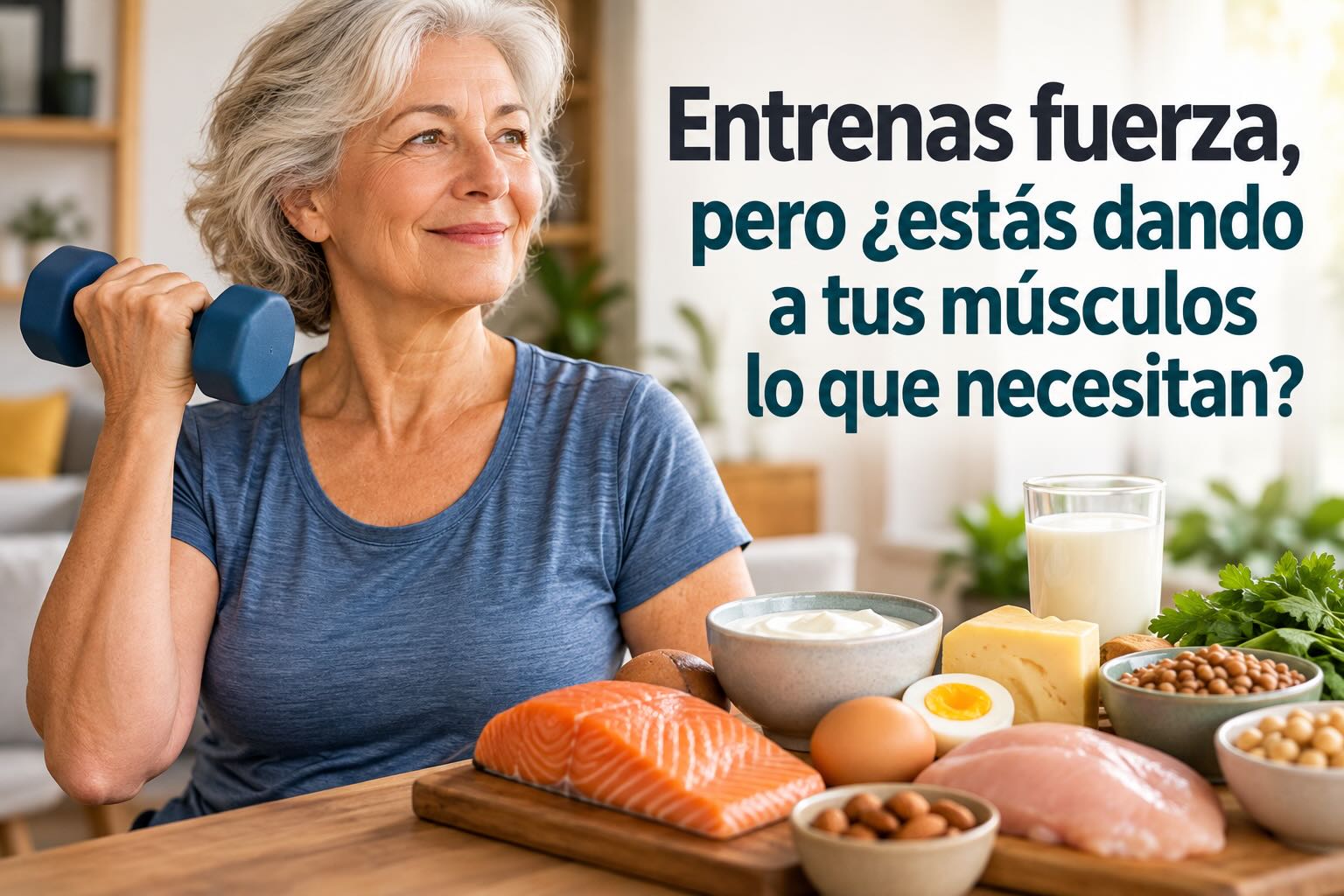 Mujer senior entrenando con una mancuerna junto a varios alimentos ricos en proteína