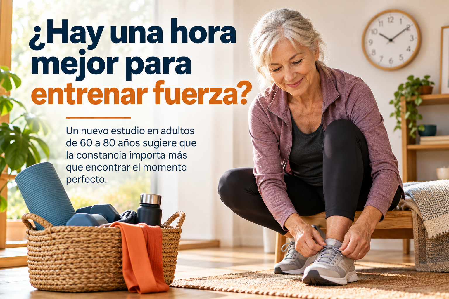 Amanda preparándose para entrenar fuerza en casa junto a un reloj
