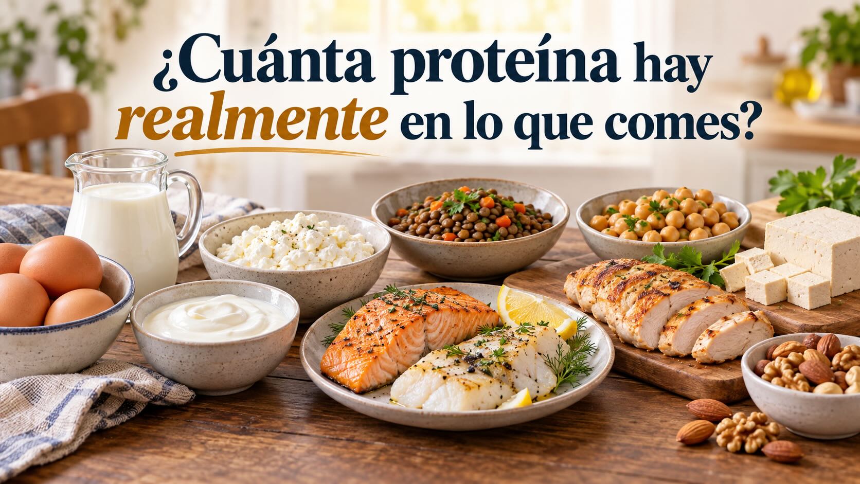 Mesa con diferentes alimentos cotidianos que aportan proteína, como huevos, lácteos, pescado y legumbres.