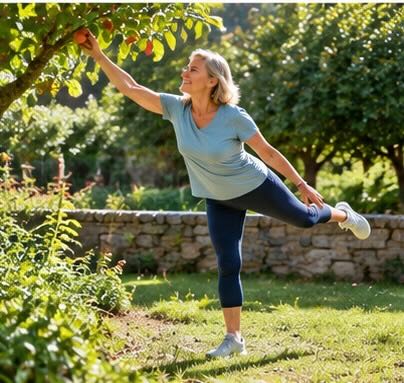 Amanda mantiene el equilibrio mientras alcanza una fruta de un árbol