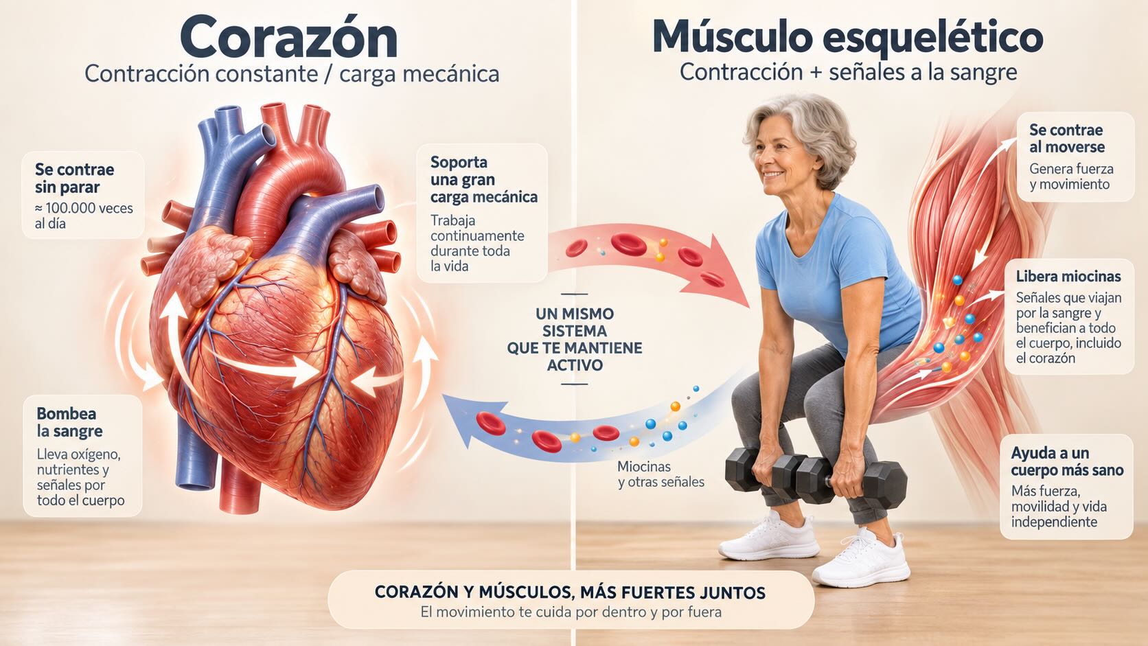 Diagrama divulgativo de la contracción muscular y la liberación de mioquinas hacia la circulación