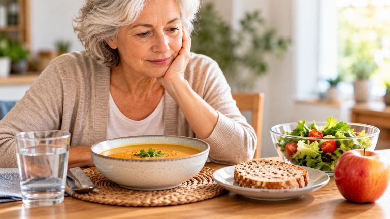 Mujer mayor ante una comida con crema de verduras, ensalada, pan y fruta