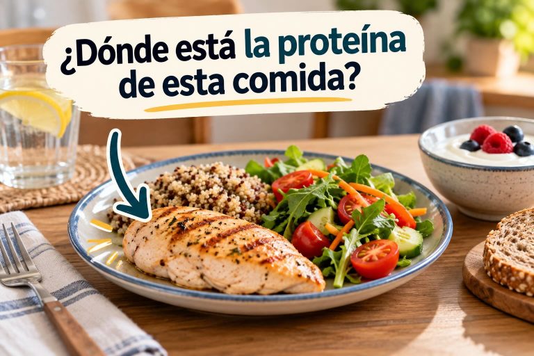 Comida con pollo que ayuda a identificar dónde está la proteína del plato
