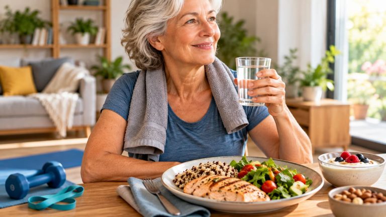 Mujer senior después de entrenar junto a material de ejercicio, agua y una comida con proteína