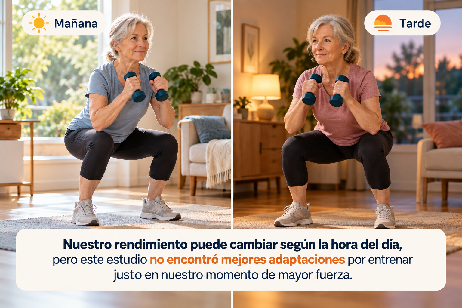 Amanda realizando el mismo ejercicio de fuerza por la mañana y por la tarde