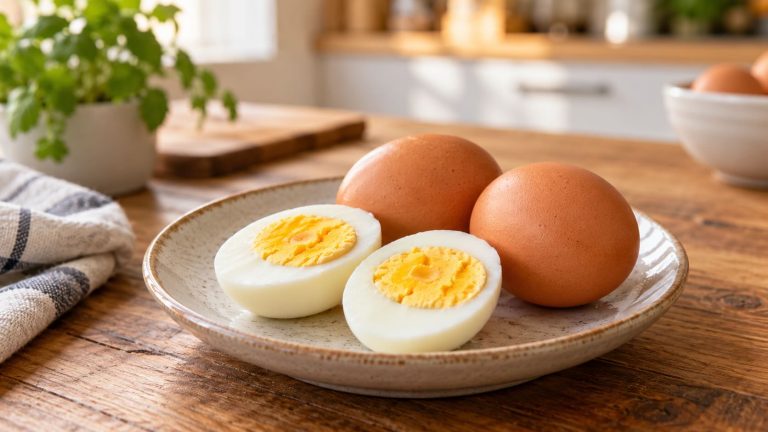 Dos huevos colocados sobre una superficie clara como ejemplo de una ración cotidiana.