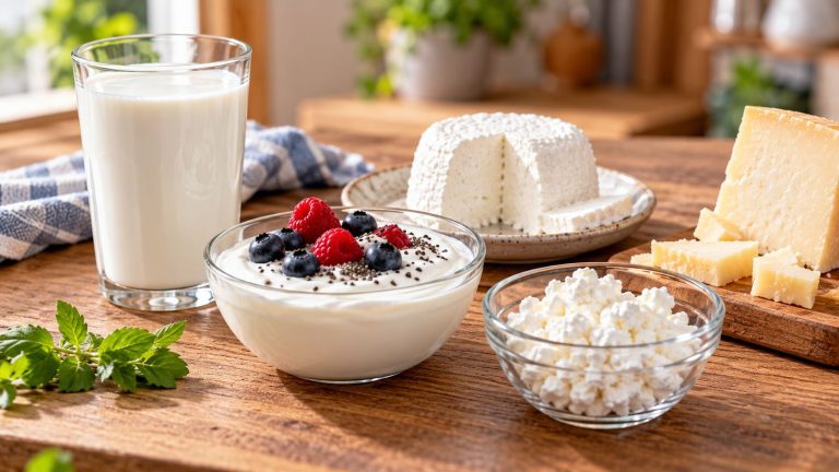 Leche, yogur y distintos tipos de queso para comparar sus aportes de proteína.