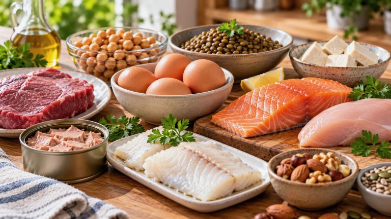 Selección de alimentos proteicos: carne, pescado, huevos, legumbres, tofu, frutos secos y semillas.