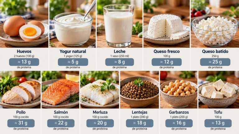 Composición visual que compara alimentos y sus cantidades aproximadas de proteína por ración.