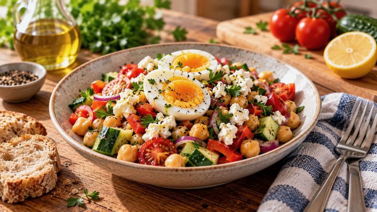 Ensalada de garbanzos con huevo, verduras y un poco de queso.