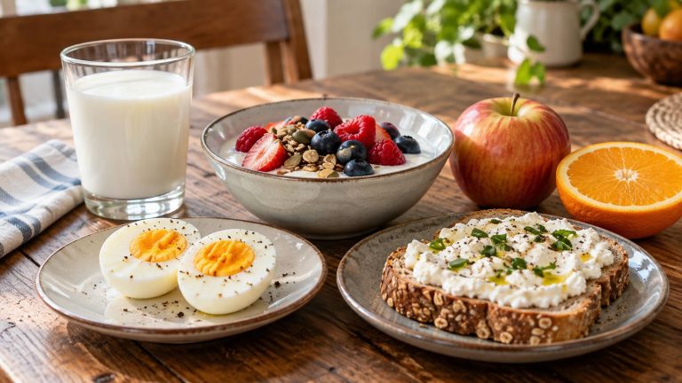 Desayuno con huevos, leche, yogur con fruta, tostada con queso fresco y fruta.